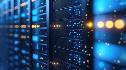 Poster - High-tech data center interior with glowing lights on aligned server racks, illustrating enterprise networking, digital security, and scalable infrastructure