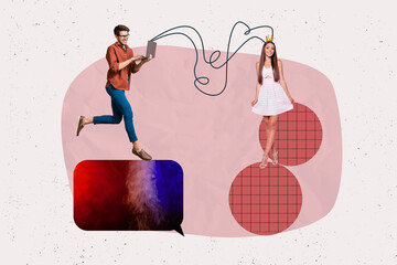Poster - Art image trendy pop full zine photo collage of happy girl guy stand bubble communication chat notification dialogue talk