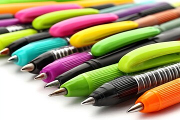 Poster - Colorful assortment of pens arranged in neat rows on a white surface