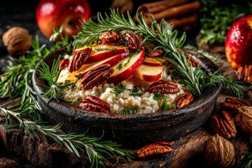 Poster - Warm apple and pecan dish garnished with herbs in a rustic bowl surrounded by natural elements