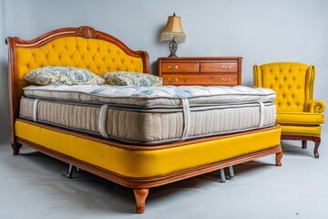 Aufkleber - Bright yellow upholstered bedroom furniture set with tufted headboard and matching chair