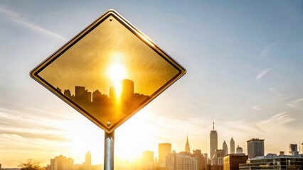 Poster - Silhouette of Metallic Street Sign at Sunset - Urban Cityscape Stock Photo