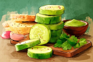 Poster - Fresh cucumber slices with spices and herbs presented on wooden board in a rustic kitchen setting