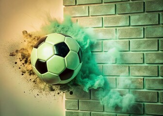 Poster - Silhouette Soccer Ball Crashing Through Brick Wall - Powerful Sports Impact Photo