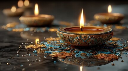 Aufkleber - happy diwali background with beautiful oil lamps