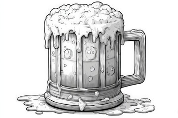 Poster - Detailed illustration of a frothy beer mug with overflowing foam on a wooden surface at a rustic pub setting