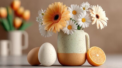 Aufkleber - happy easter holiday background colorful eggs and camomile and orange backgound generative ai