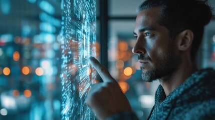 Intense focus: A man interacting with a digital interface, highlighting security features on a screen.