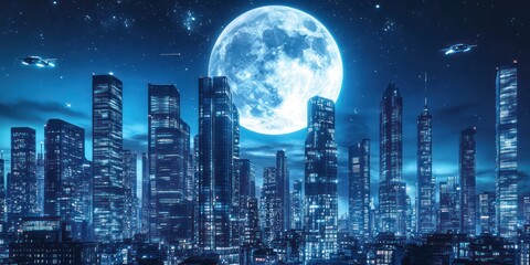 Wall Mural - Cityscape under a luminous moon night scene