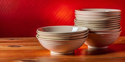 Poster - Stacked White Porcelain Bowls on Rustic Wooden Table - Macro Photography