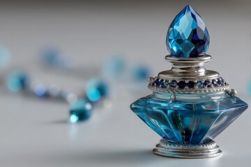 Aufkleber - Vibrant blue glass perfume bottle with intricate details beside a matching beaded necklace on a light surface