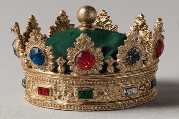 Aufkleber - Intricately designed golden crown with colorful gemstones displayed on a neutral background showcasing royal craftsmanship