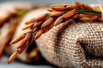 Poster - Brown rice grains resting on burlap fabric with rustic texture in a cozy setting