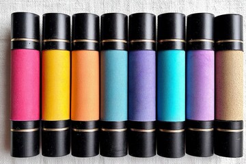 Poster - Colorful cylindrical markers arranged in a horizontal line on a light background during daytime