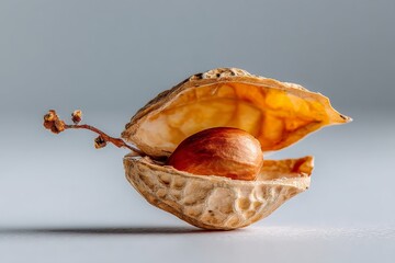 Poster - Nut in a shell rests on a smooth surface, showcasing its natural texture and color in soft lighting