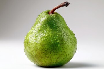 Poster - Fresh green pear with droplets reflecting light, showcasing its texture and vibrant color