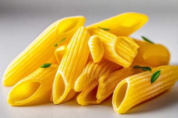 Poster - Pasta arranged artistically with green herbs on a white surface in a bright kitchen setting