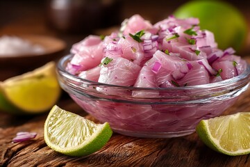 Aufkleber - Fresh fish ceviche served with lime and red onion in a rustic setting