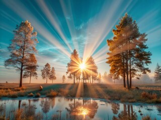 Aufkleber - Surreal Sunset Forest Desktop Wallpaper: Magical Dreamlike Nature Scene