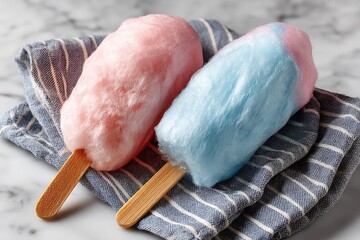 Aufkleber - Colorful cotton candy pops on a blue and white striped napkin placed on a marble countertop during a summer afternoon gathering