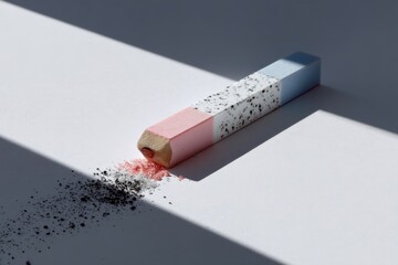 Poster - Colorful eraser resting on a white surface with graphite dust at midday light