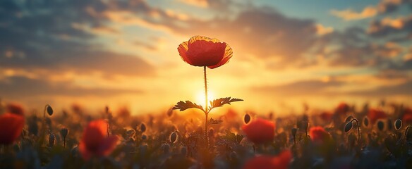 Wall Mural - sunrise over a poppy field