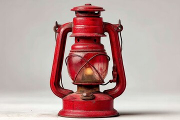 Poster - Vintage red lantern with warm glow illuminating dark surroundings in a rustic setting