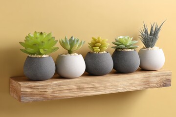 Aufkleber - Succulent plants displayed on a wooden shelf against a warm yellow wall in a cozy indoor setting