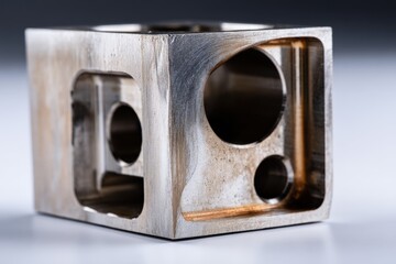 Poster - Metal block with precision machining showcasing intricate details on the surface and various cutouts in an industrial environment