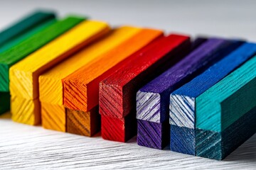 Poster - Colorful wooden blocks arranged in a vibrant spectrum on a light wooden background