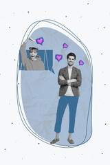 Poster - Vertical image poster art collage of two happy girl guy couple bonding date heart bubble communication dialogue phrase chat