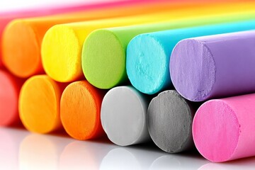 Poster - Colorful chalk sticks arranged neatly on a reflective surface highlighting various vibrant hues in a playful manner