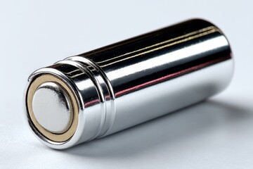 Leinwandbilder - Shining silver battery placed on white surface reflecting light in a close-up shot