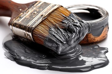 Poster - Paintbrush covered in gray paint next to an opened can of paint on a white surface