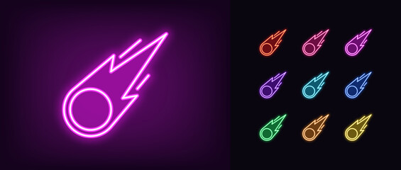 Poster - outline neon meteorite icon. glowing neon falling meteor with fire tail, fireball icon. comet flight