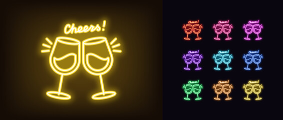 Poster - outline neon cheers icon. glowing neon wine glasses clink with text cheers, celebrate holiday. two w