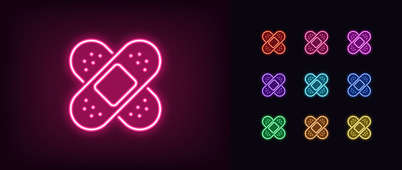Poster - Outline neon medical plaster icon. Glowing neon patch cross for wound treatment, band aid icon. Medical patch for injury, adhesive plaster cross, first aid bandage, health protection. Vector icon set