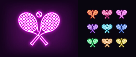 Poster - Outline neon tennis racket icon. Glowing neon rackets crosshair with ball, tennis game icon. Two rackets cross sign, tennis tournament and championship, sport court for training. Vector icon set