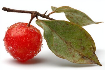 Poster - Fresh red fruit with droplets resting on green leaves captured in natural light
