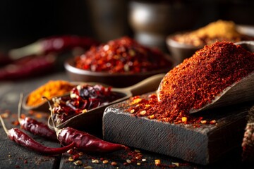 Poster - Diverse assortment of spices displayed on wooden surfaces in a warm, rustic kitchen setting