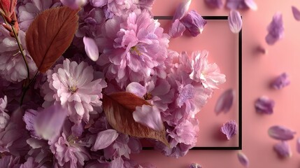 Aufkleber - pink background with petals and empty frame for text generative ai,stock photo
