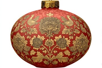 Poster - Intricate red decorative vase with golden floral and bird motifs displayed on a neutral background