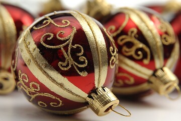 Poster - Red and gold Christmas ornaments close up showcasing intricate designs for holiday decorations and celebrations