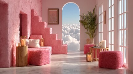 Poster - pink room with fluffy podium and decor creative mock up for product presentation,stock photo