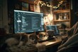 © Oleg - a Ukrainian freelance software developer working from a small cozy apartment, code on screen, cat sleeping nearby, realistic desk mess, nighttime light from laptop, storytelling photo