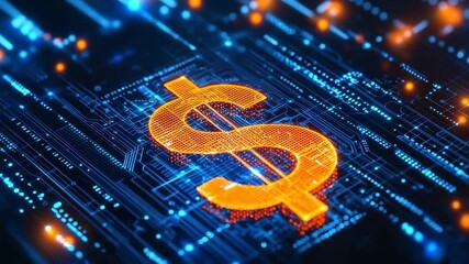 Poster - Digital Dollar Symbol with Glowing Circuitry Background for Financial Technology and Cryptocurrency Concepts