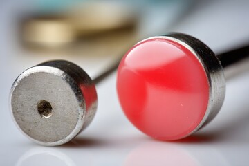 Poster - Close-up of a shiny red button and a metallic pin, showcasing modern design and craftsmanship in a creative workspace