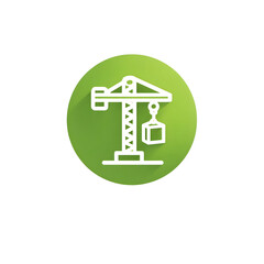 Poster - A simple glow white icon on a green circular background depicting a crane lifting a building block representing construction development and industrial progress