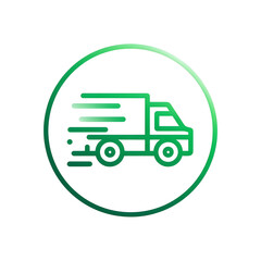 Leinwandbilder - Stylized green circular icon depicting a fast moving delivery truck with motion lines representing speed efficiency and modern logistics services
