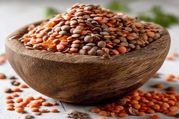 Poster - Lentils in a wooden bowl on a rustic table with scattered lentils around